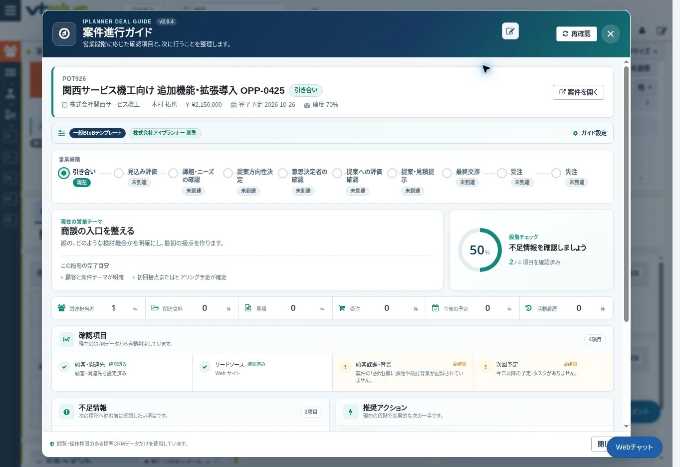 VtigerCRMの案件詳細から開いた案件進行ガイド。画面の50%は4項目中2項目を確認済みという段階チェックで、受注確率ではありません。確認内容はテンプレートと登録情報に基づきます。