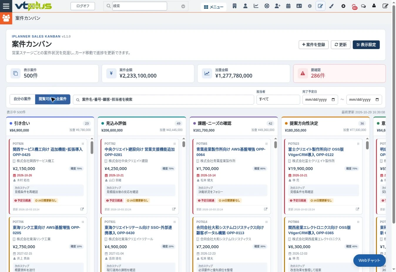 営業ステージ別に案件と次のステップを表示したvtplusの案件カンバン