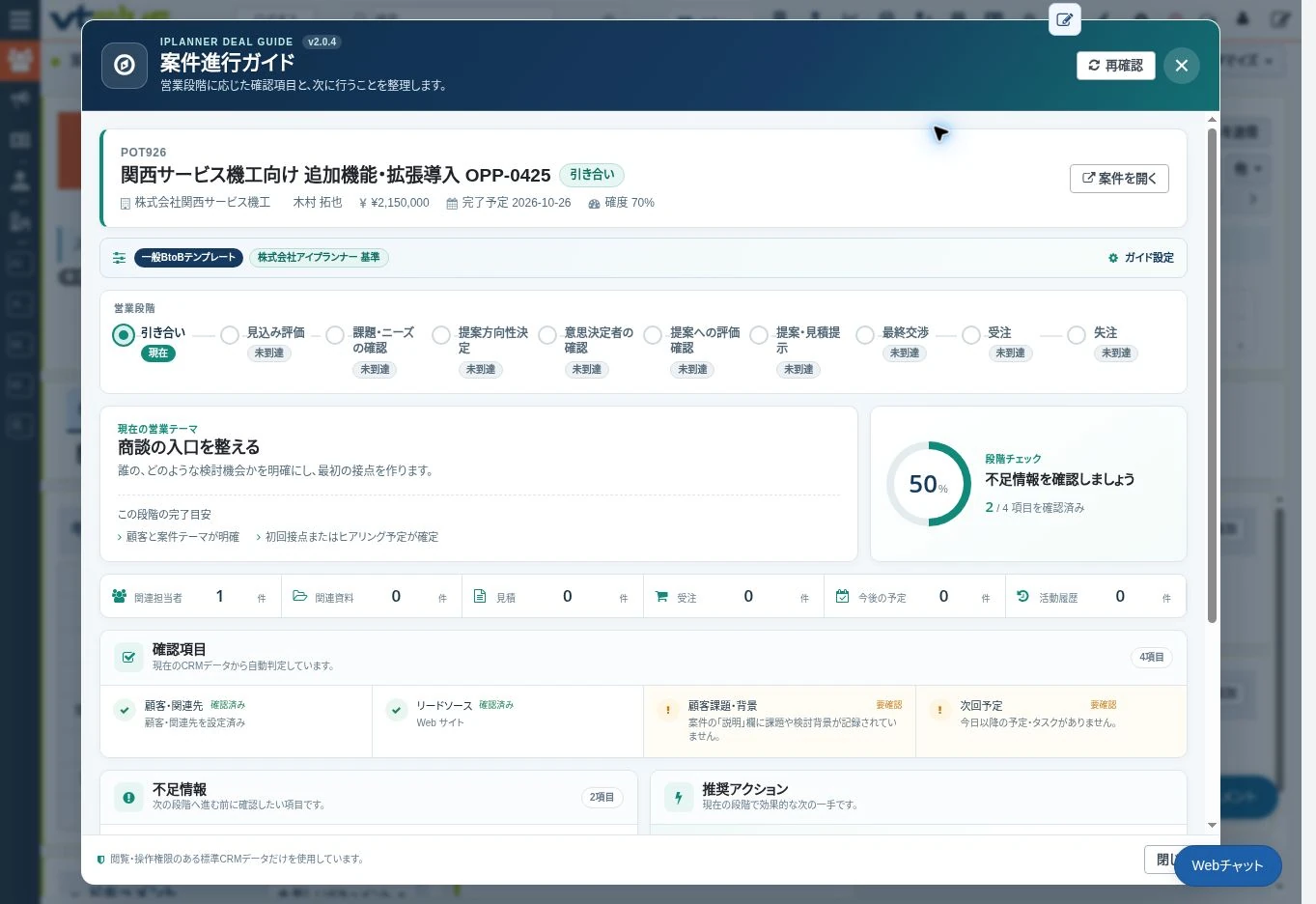 案件進行ガイドの実画面。表示の50%は確認項目の充足状況であり、受注確率ではありません。ガイドはテンプレートと登録情報に基づきます。