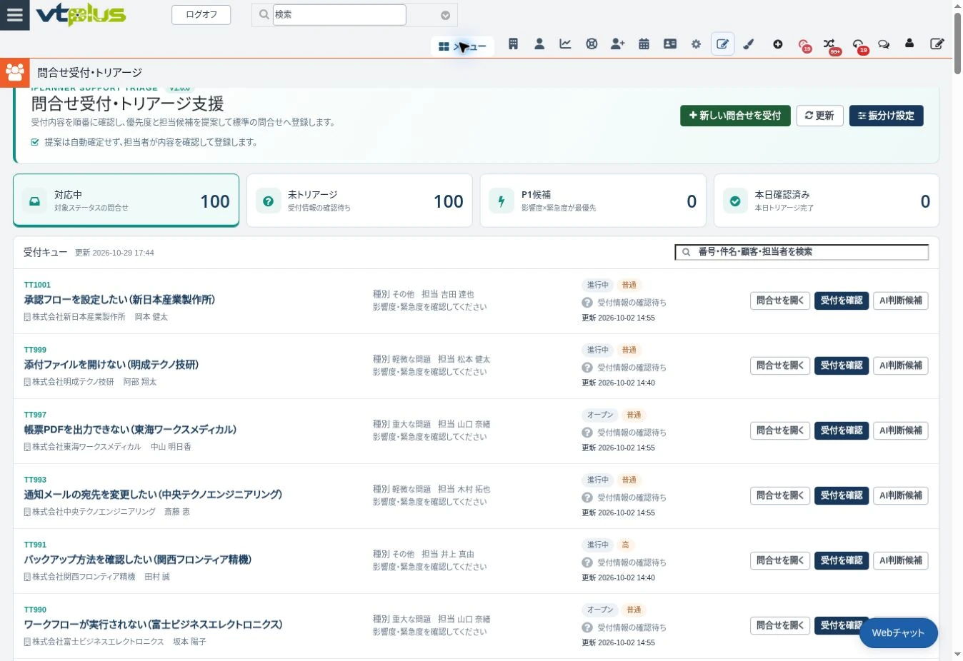 問い合わせ受付・トリアージ支援の受付キュー。撮影時は未トリアージ100件のテストデータを表示。優先度や担当候補は、内容を確認してから確定する構成です。