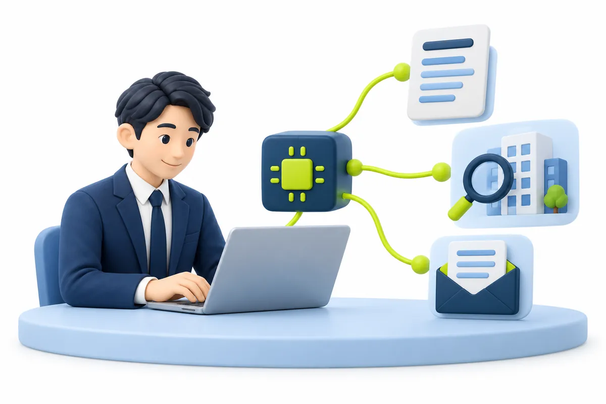 顧客情報とAIを活かし、調査・要約・次の対応を整理する営業担当者のイメージ
