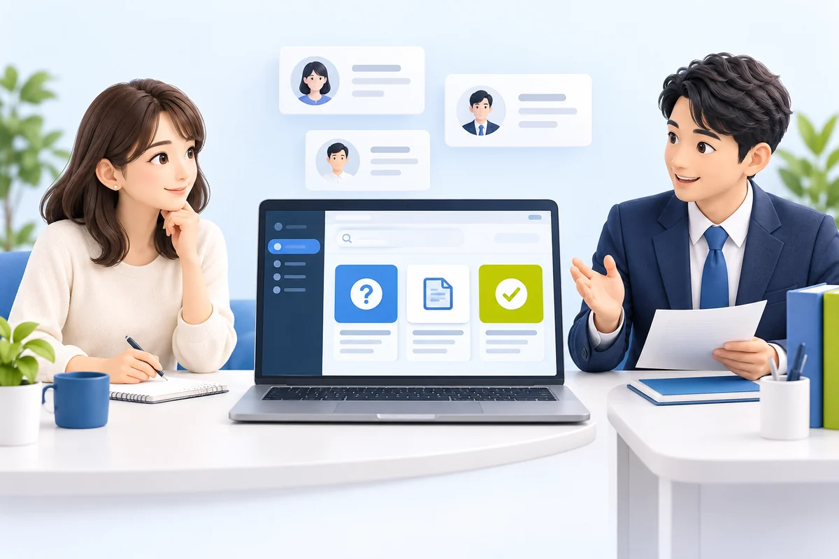 顧客と企業の担当者が、ポータルの問い合わせ・FAQ・資料を通じて情報を共有する利用イメージ